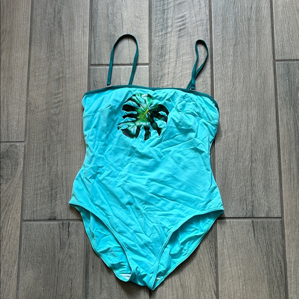 Aqua One-Piece Swimsuit with Tropical Leaf